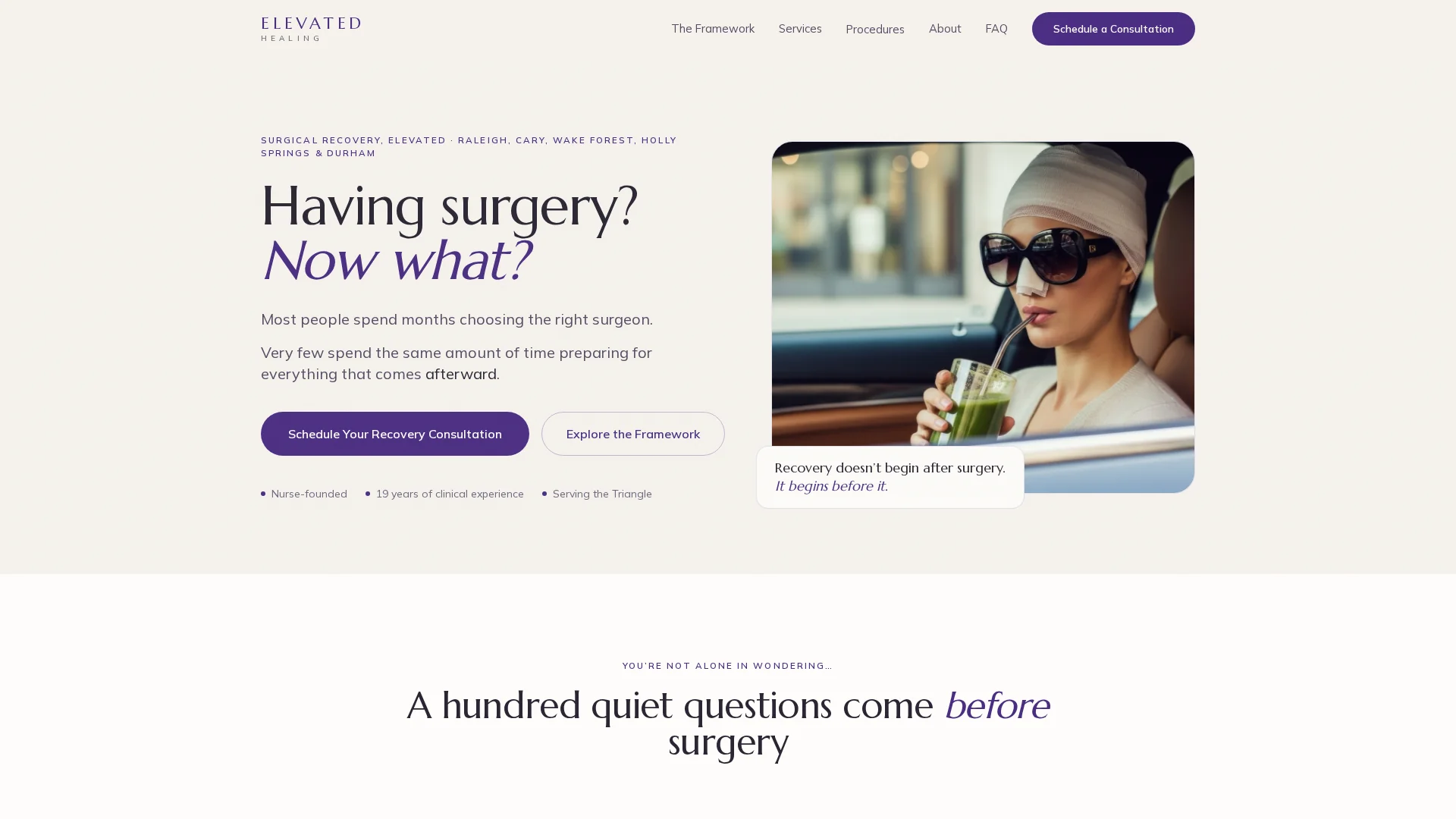 Elevated Healing website with surgical recovery guidance and a consultation link.