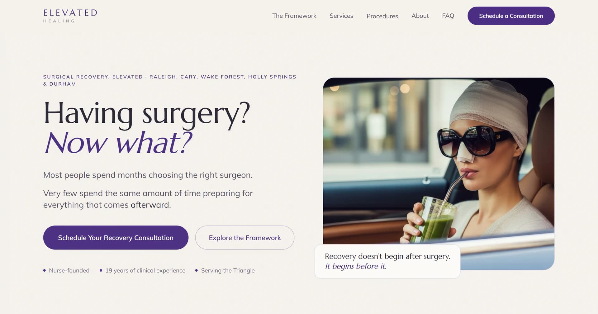 Elevated Healing website with surgical recovery guidance and a consultation link.