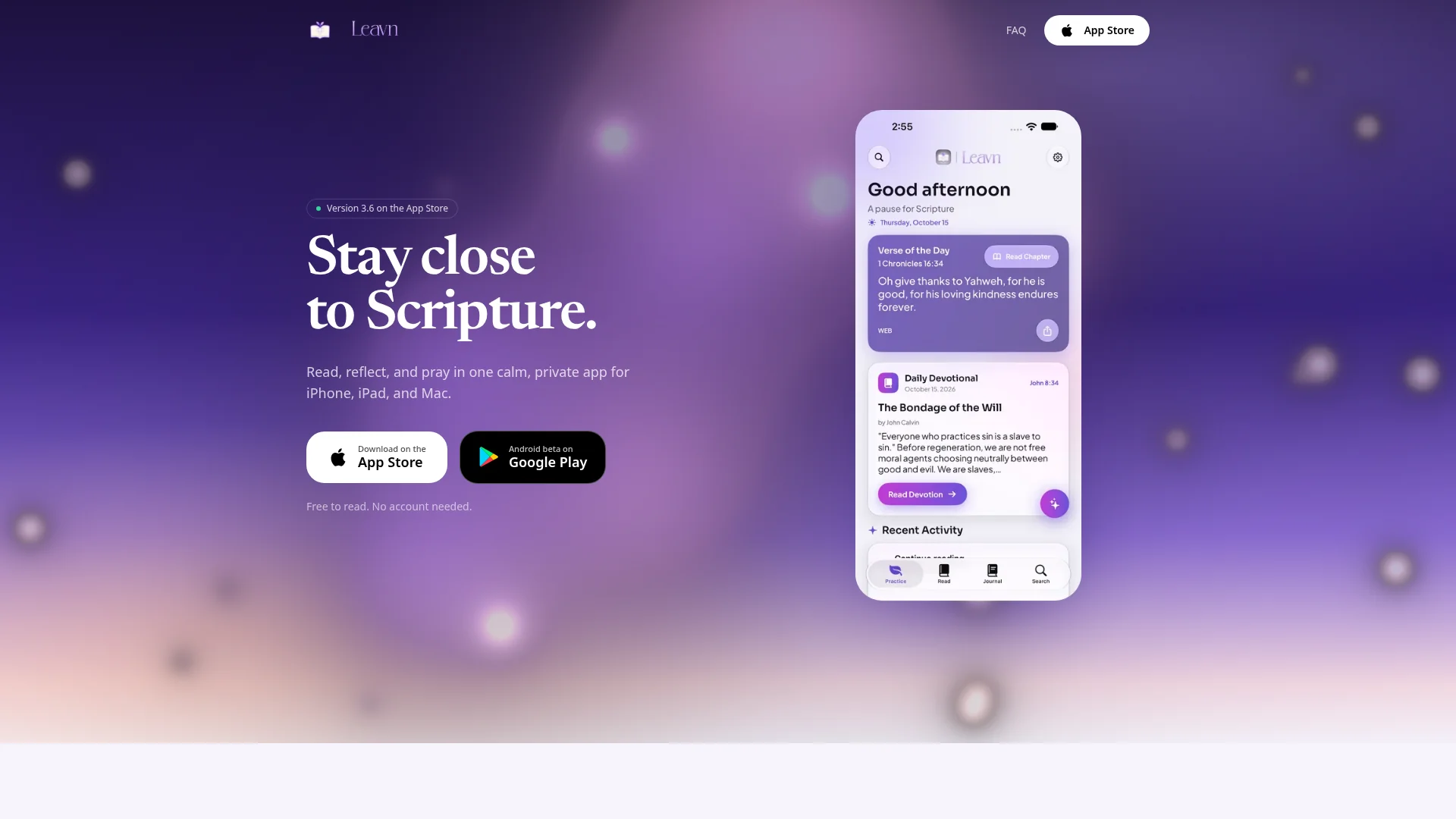 Leavn's product website showing its Bible study app and reading features.