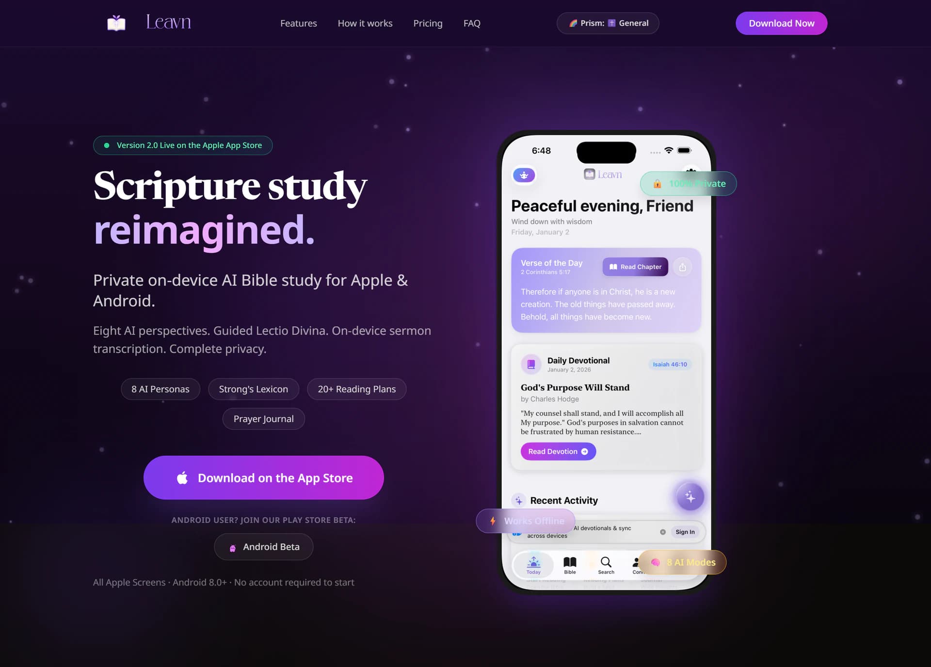 Leavn's product website showing its Bible study app and reading features.