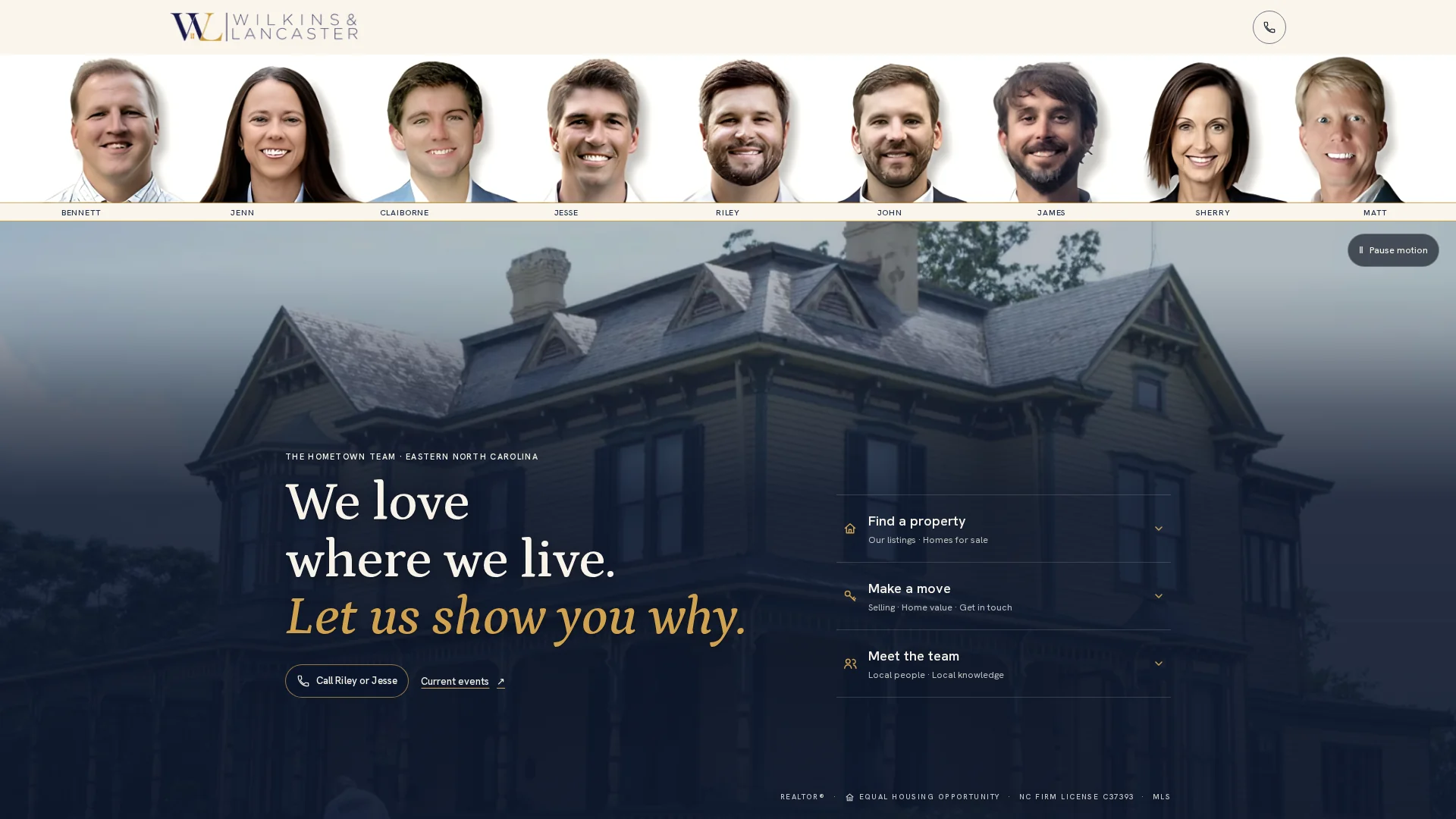 Wilkins & Lancaster Realty homepage with the agent team and the headline We love where we live.